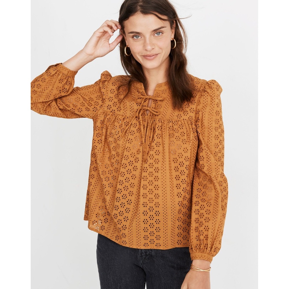 Madewell Eyelet Women‎ Medium Double Tie Peasant Top Long Sleeve Boho True Brown - Picture 2 of 14